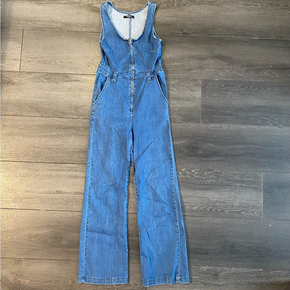 American Bazi Blue Front Zip Overalls Denim Wide Leg Jumpsuits Women’s 28x27